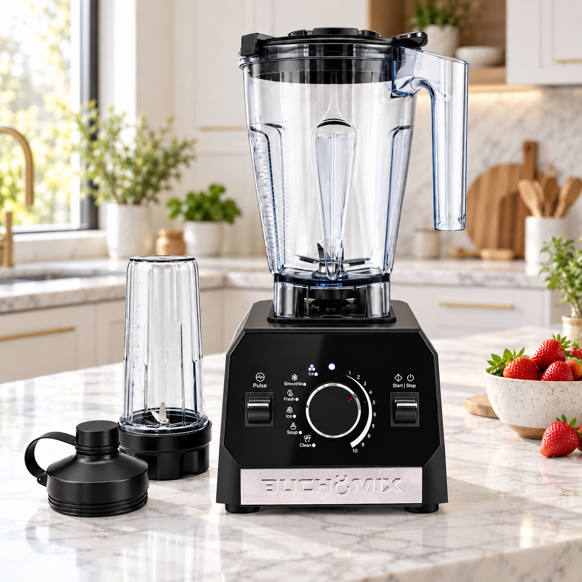 Buchymix waterproof high-performance smart Vertex blender with sleek design, featuring digital control panel and blending jar.