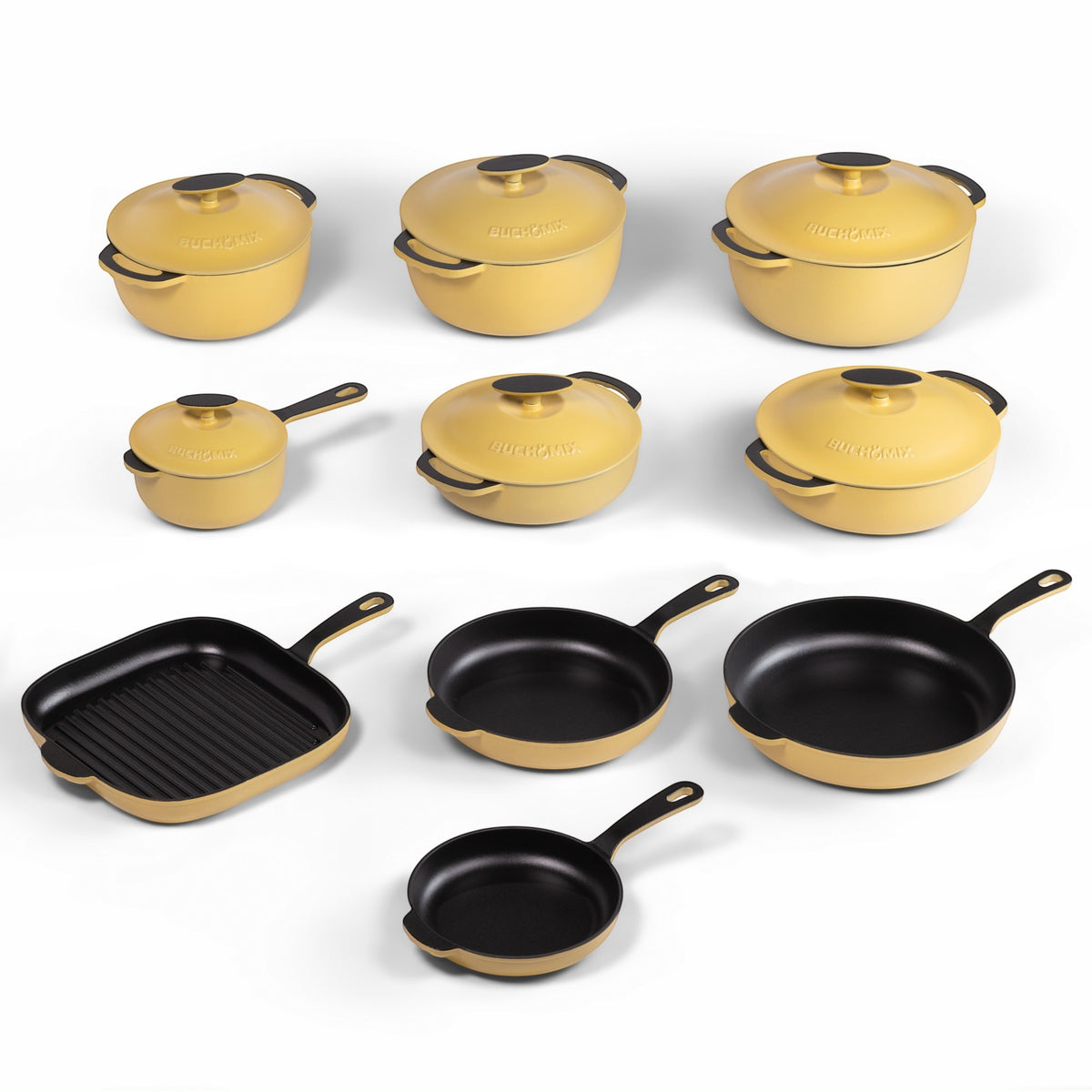 Yellow 22-piece enameled cast iron cookware set by BUCHYMIX NIGERIA, including pots, pans, and lids for versatile cooking.