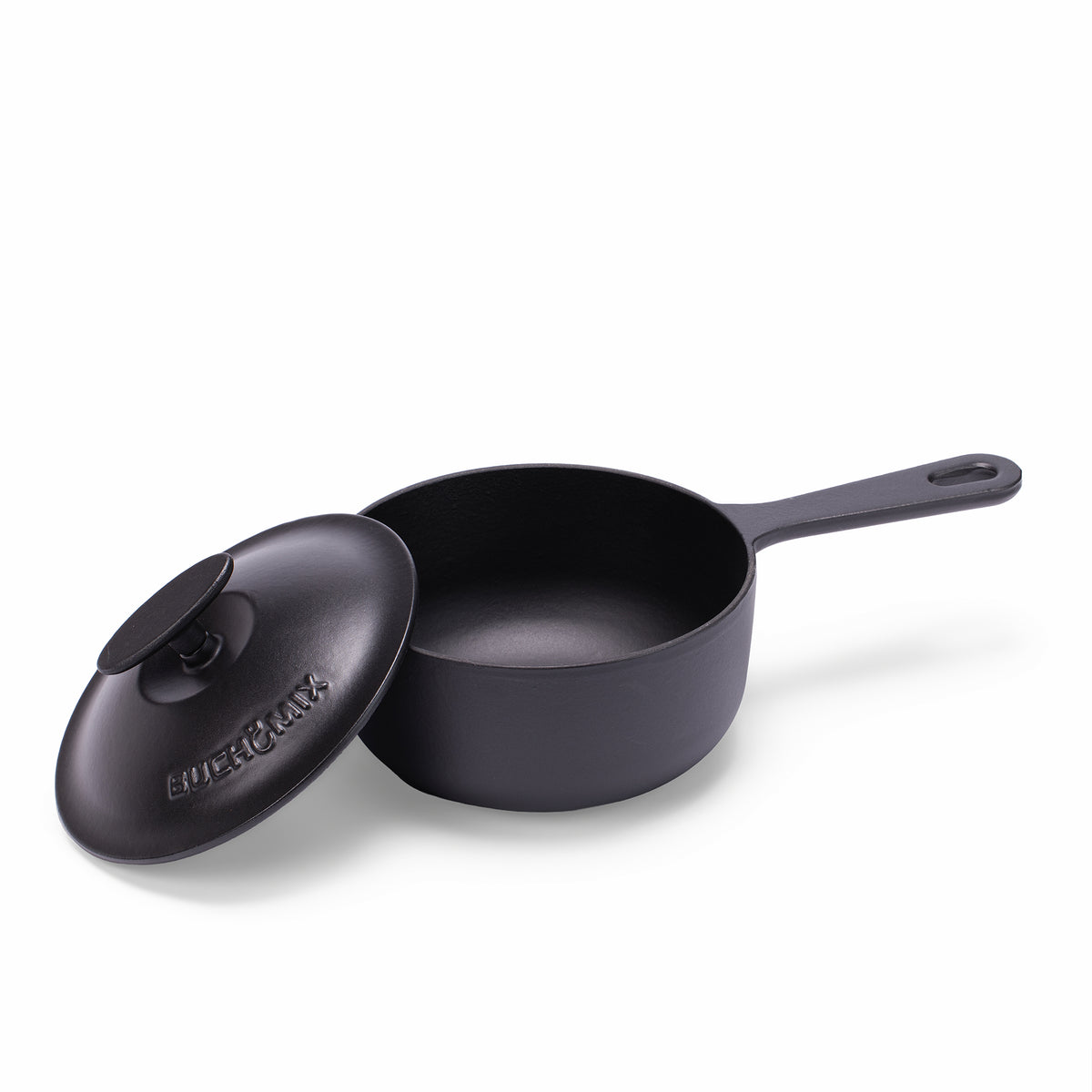 Black enameled cast iron saucepan with lid, 2-quart capacity, from BUCHYMIX NIGERIA, suitable for cooking and serving.