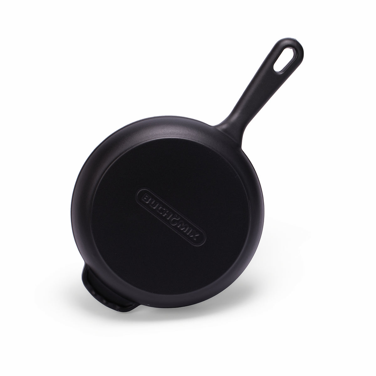 Black enameled cast iron skillet by BUCHYMIX NIGERIA, showcasing a durable, smooth-coated cooking pan with sturdy handle.