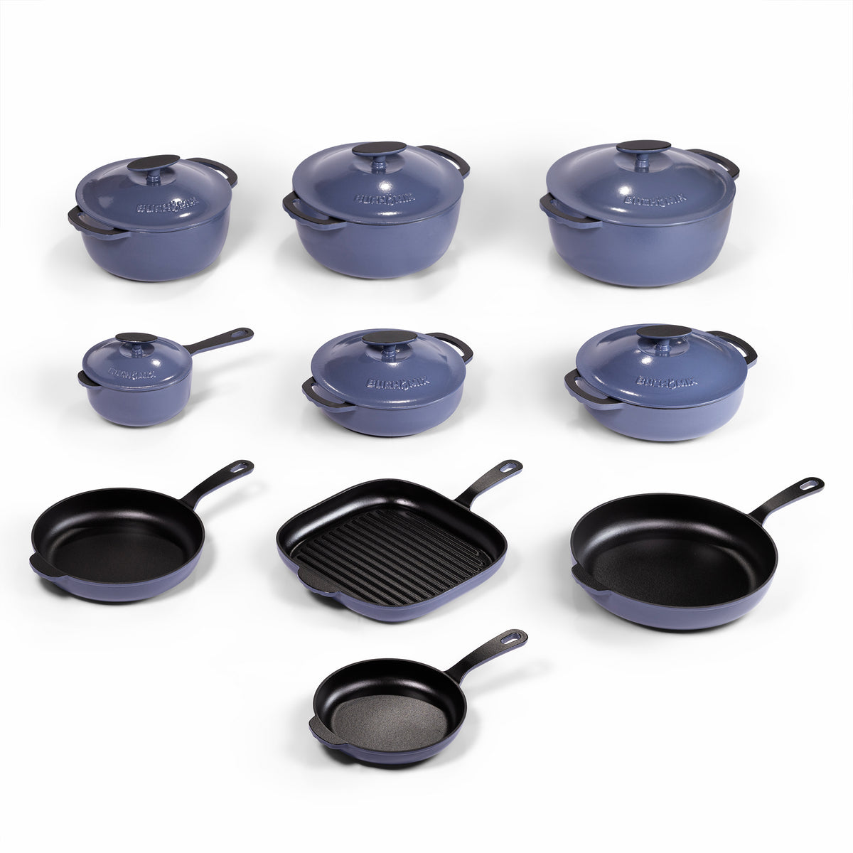 Blue enameled cast iron cookware set with 22 pieces from BUCHYMIX NIGERIA, including pots, pans, and lids, on a kitchen countertop.