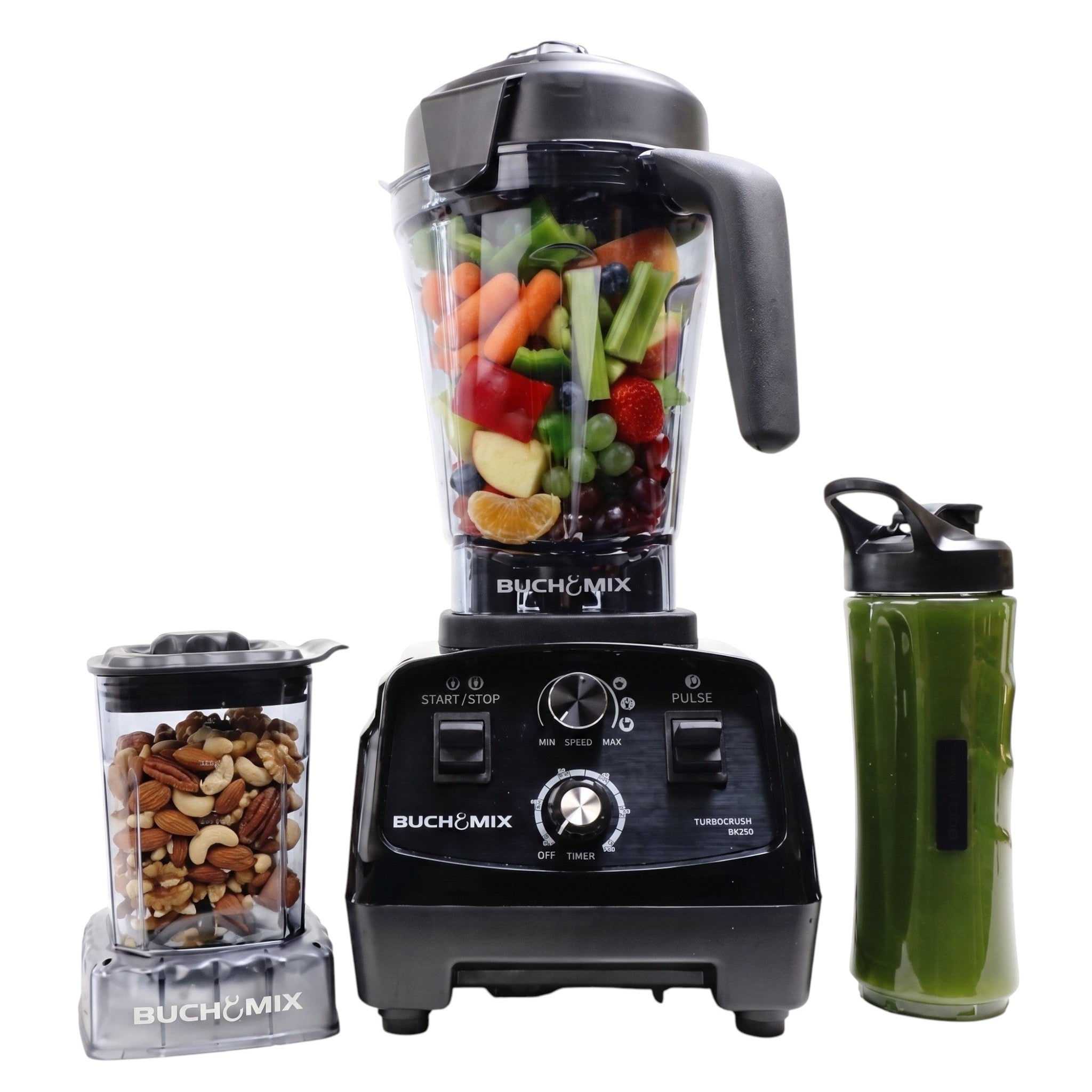 BUCHYMIX NIGERIA Turbocrush BX250 blender set with 2L jug, grinding jar filled with nuts, and smoothie bottle.