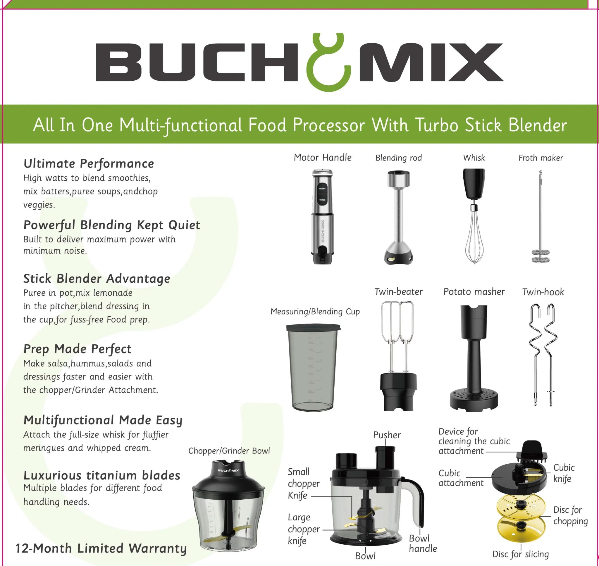 12 in one Multifunction Food Processor With Turbo Stick Immersion Blender - BUCHYMIX NIGERIA