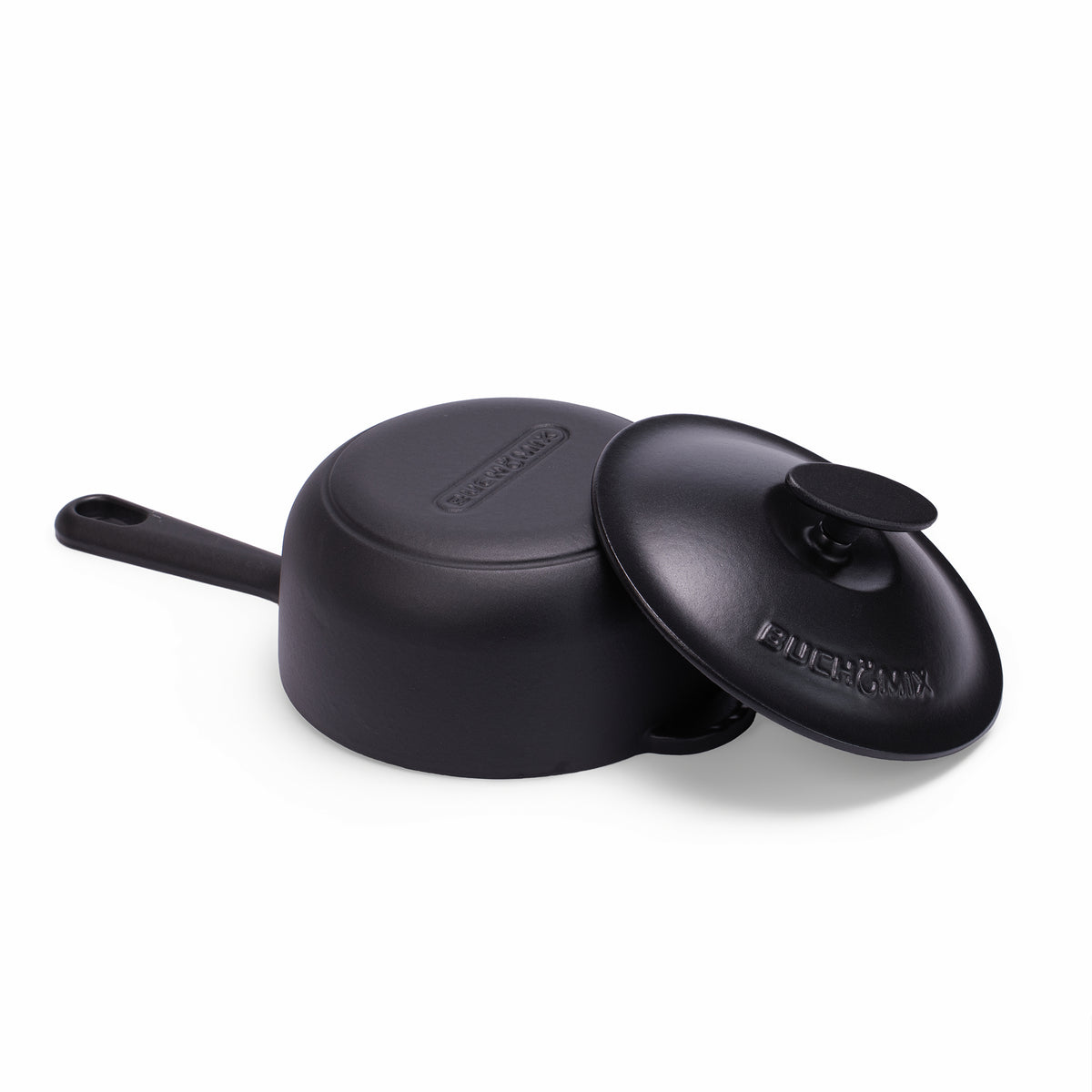 Black 2-quart enameled cast iron saucepan with lid by BUCHYMIX Nigeria, showcasing smooth black enamel coating and sturdy handle.