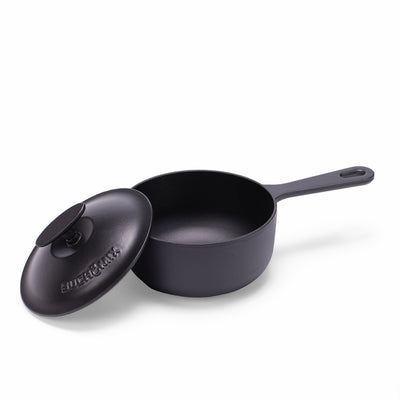 Black enameled cast iron saucepan with lid, 2-quart capacity, from BUCHYMIX NIGERIA, suitable for cooking and serving.