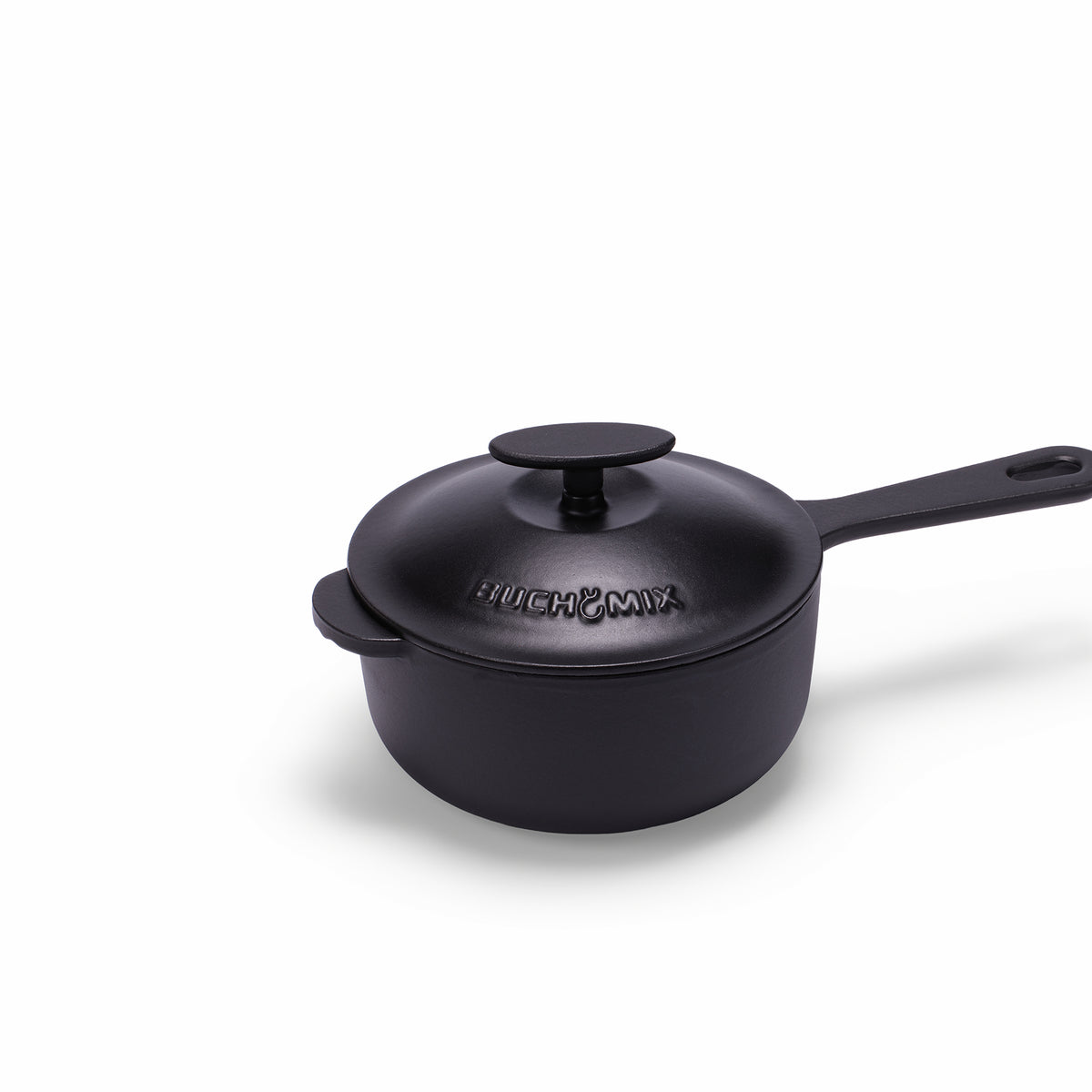 Black enameled cast iron saucepan with lid, 2-quart capacity, by BUCHYMIX NIGERIA, featuring a sturdy handle and smooth finish.