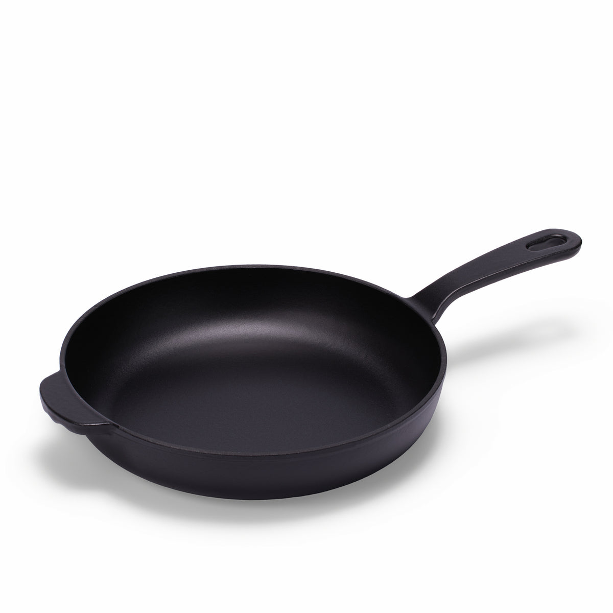 Black enameled cast iron skillet by BUCHYMIX NIGERIA, showing a smooth, glossy coating and sturdy handle for versatile cooking.