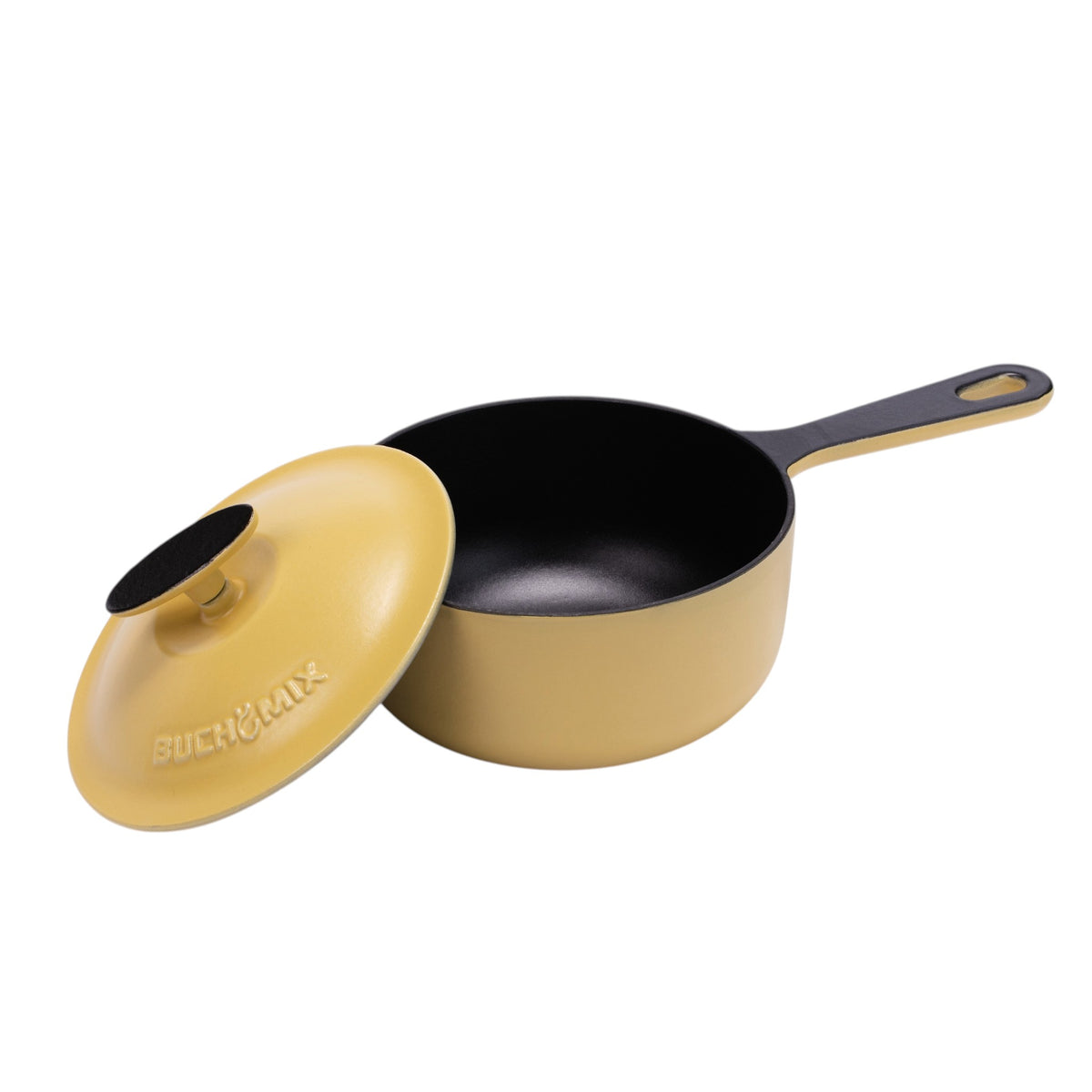 Yellow 2-quart enameled cast iron saucepan with lid by BUCHYMIX Nigeria, showcasing a smooth, durable cooking surface.